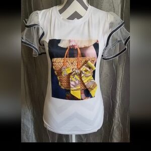 White Ruffle Sleeve Graphic Top